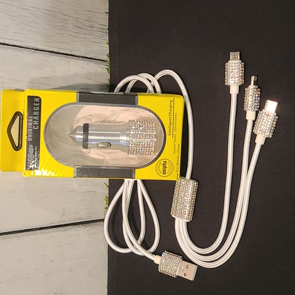 Charger system rhinestone Iphone,USB A, USB C & USB android white cord - Picture 6 of 6